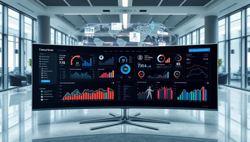 A high-tech analytics dashboard for Sprout Social's AI suite, featuring a sleek, futuristic interface with interactive graphs, charts, and data visualizations. The foreground showcases a panoramic view of real-time social media metrics, displayed on a curved ultra-wide monitor with a minimalist metal frame. In the middle ground, holographic projections and AR overlays highlight key performance indicators, customer insights, and campaign analytics. The background is a sophisticated, monochromatic office setting with floor-to-ceiling windows, subtle ambient lighting, and a sense of modern elegance. The overall tone is one of advanced, enterprise-level social media management powered by state-of-the-art AI technology.