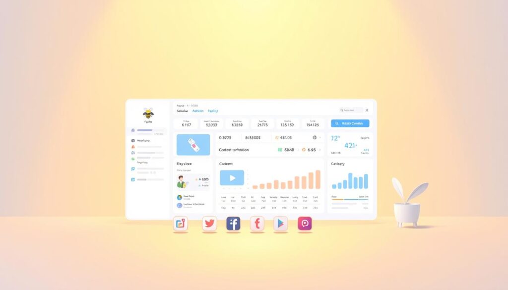 A modern and minimalist illustration of the AI features of SocialBee, a social media management platform. In the foreground, a clean and intuitive dashboard displays various widgets and analytics, showcasing SocialBee's automated scheduling, content curation, and performance tracking capabilities. The middle ground features a group of stylized social media icons, representing the platform's integration with multiple networks. In the background, a gradient of warm, pastel colors creates a calming, professional atmosphere, complementing the overall sleek and efficient design. The lighting is soft and evenly distributed, creating subtle shadows that add depth and dimension to the scene. The camera angle is slightly elevated, providing an overview of the SocialBee interface and highlighting its user-friendly and comprehensive features.
