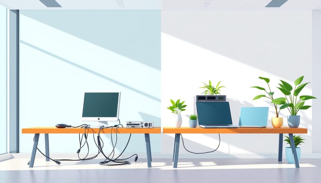 A sleek, modern office setting with two workstations side by side. On the left, a traditional desktop setup with a tower PC, monitor, and cables. On the right, a minimalist green hosting workstation with a slim, energy-efficient laptop, a small server rack, and lush greenery potted plants. Bright, diffused natural lighting illuminates the scene, casting soft shadows. The traditional setup appears cluttered and outdated, while the green hosting workstation exudes a sense of efficiency, sustainability, and clean design. The two setups stand in stark contrast, visually highlighting the differences between traditional and green hosting solutions.